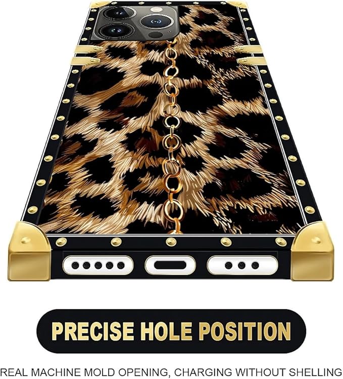 Compatible with iPhone 15 Pro Case, Seamless Gold Chain Leopard Luxury Golden Decoration for Girl Women Soft TPU Shockproof Protective Hard PC Back for iPhone 15 Pro