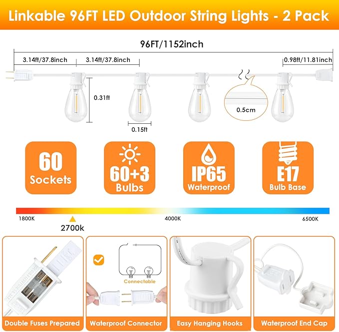 Larkvue 192FT(2x96FT) LED Outdoor String Lights, Linkable Patio Light with 60+3 2700K Waterproof Dimmable Hanging Bulbs for Pergola Cafe Wedding-White