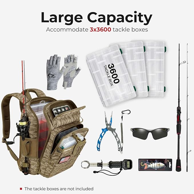 Piscifun Fishing Tackle Backpack with Rod & Gear Holder, Lightweight Fishing Tackle Storage Bag with Protective Rain Cover