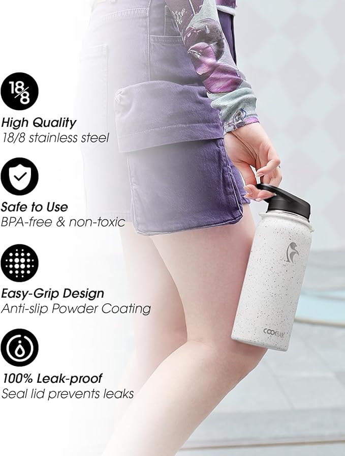 Coolflask Water Bottle with Straw, 32 oz Insulated Metal Water Flask with Straw & Spout Lids, Stainless Steel Double Wall Vacuum, Keep Cold 48h Hot 24h, Leak Proof, BPA-Free, Arctic White