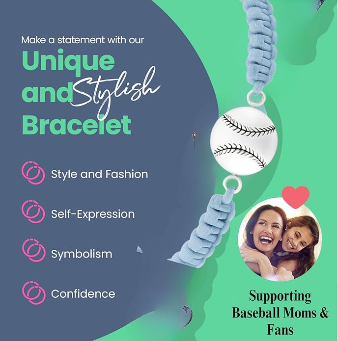 Sportybella - Baseball Bracelet, Baseball Jewelry, Adjustable Braided Baseball Bracelet, Baseball Gifts, Baseball Accessories