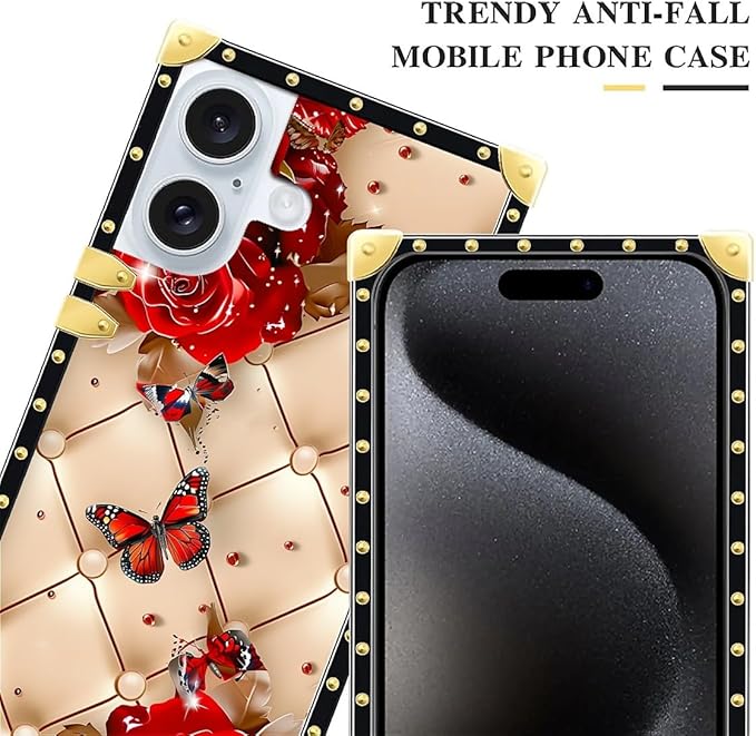Compatible with iPhone 16 Plus Case, Shining Red Rose Butterfly Leather Background Luxury Golden Decoration for Girl Women Soft TPU Shockproof Protective Hard PC Back
