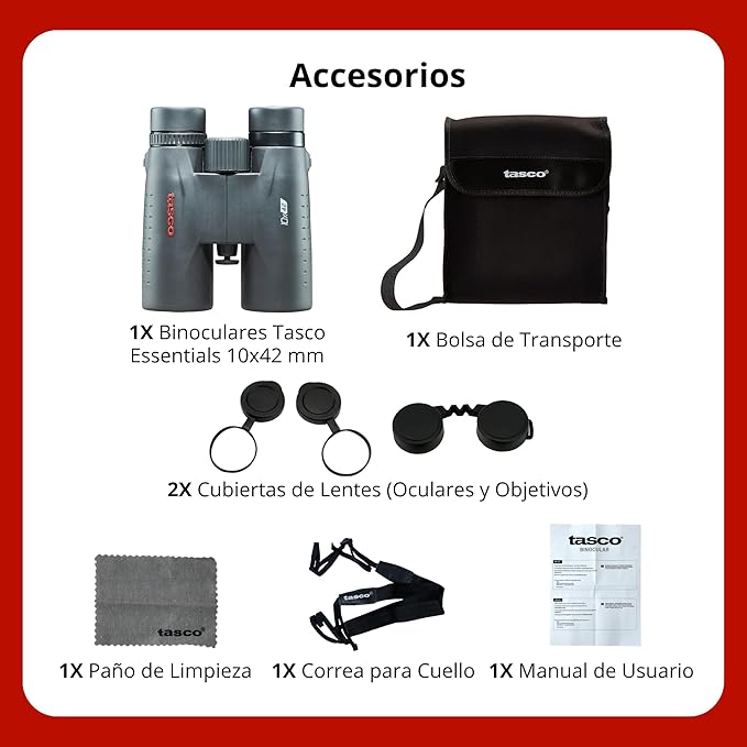 Tasco ES10X42 Essentials Binoculars, 10x42mm, Roof Prism Mc, Black