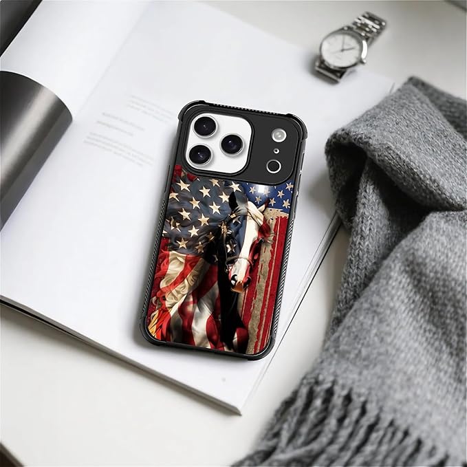 for iPhone 17 Pro Case,for MagSafe Graphic Design for Girl Boy Soft Silicone Hard Acrylic Shock Protection Designed for iPhone 17 Pro Red American Flag Horse Cross Pattern