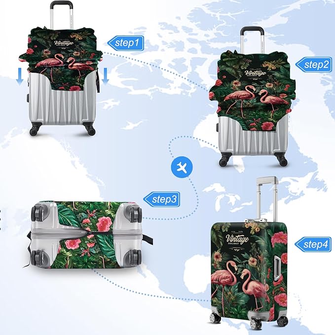 ANNA QUEEN Tropical Pink Flamingos Travel Luggage Cover -Stretchable Airplane Suitcase Protector Sleeve,Universal Washable Fit for 20-26 Inch Checked Baggage,Water Resistant Durable Luggage Protector