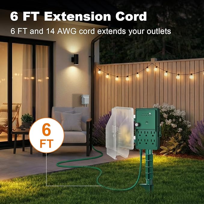 SURAIELEC Outdoor Power Stake, Dusk to Dawn Light Timer, 6 Electrical Outlet Power Strip Waterproof, 6 ft Extension Cord for Patio Lights, Sprinkler, Garden, Christmas Decorations, Outdoor Light