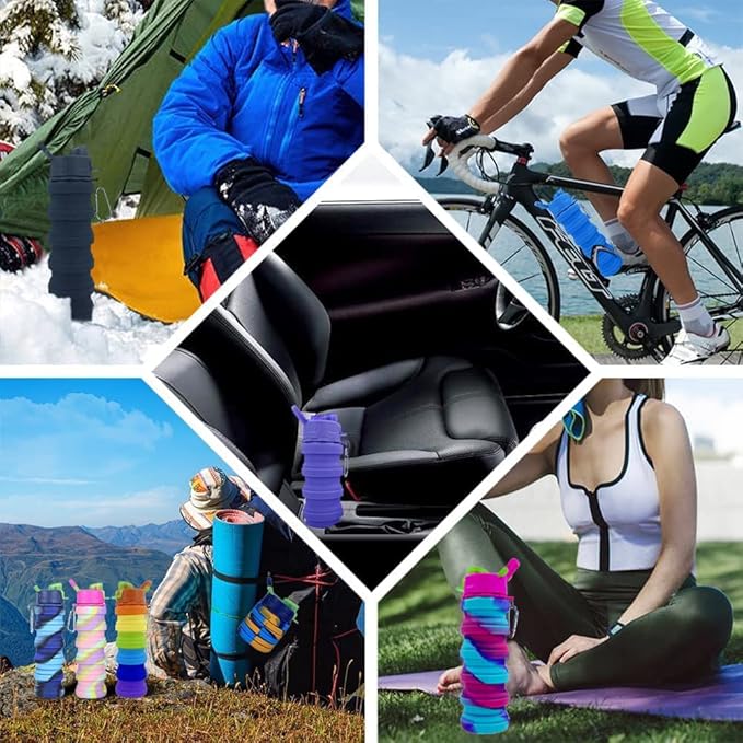 Collapsible Silicone Bottles 2 Pack - Expandable 500ml Portable Sport Bottles with Carabiner for Travel & Camping (Blue Camo + Pink Camo)