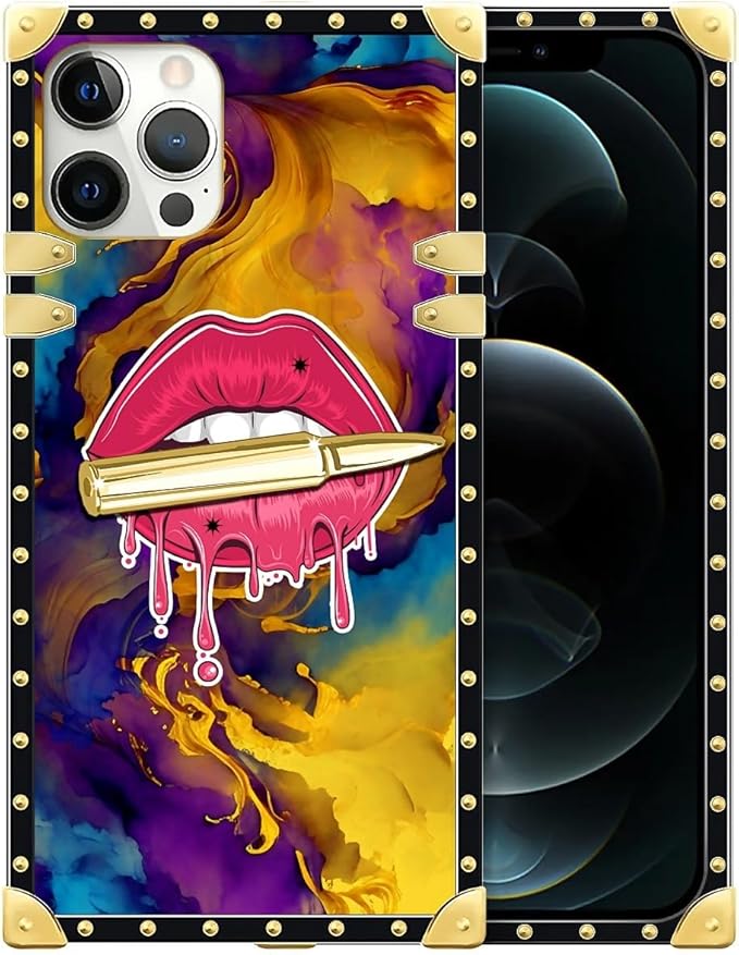 Compatible with iPhone 12 Pro Max Case, Cool Corlorful Lip Marble Luxury Golden Decoration for Girl Women Soft TPU Shockproof Protective Hard PC Back for iPhone 12 Pro Max