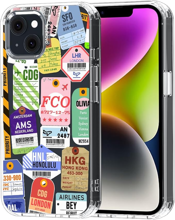 MOSNOVO for iPhone 13/14 Case | Military Grade 6.6ft Drop Tested | Clear with Air Ticket Labels Design