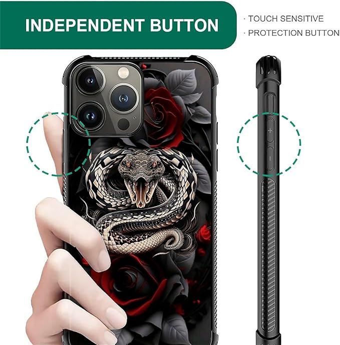 for iPhone 15 Pro Case, Entwined Rose Snake Pattern Graphic Design Girl Boy Soft Silicone Hard Acrylic Shock Protection for iPhone 15 Pro