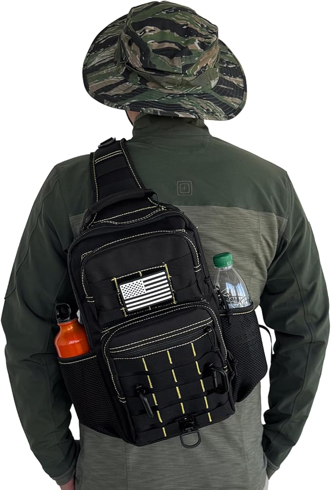 Rover Sling Pack Tactical Shoulder Sling Bag Backpack with Bottle Holder Crossbody Chest Bag, Black with Yellow