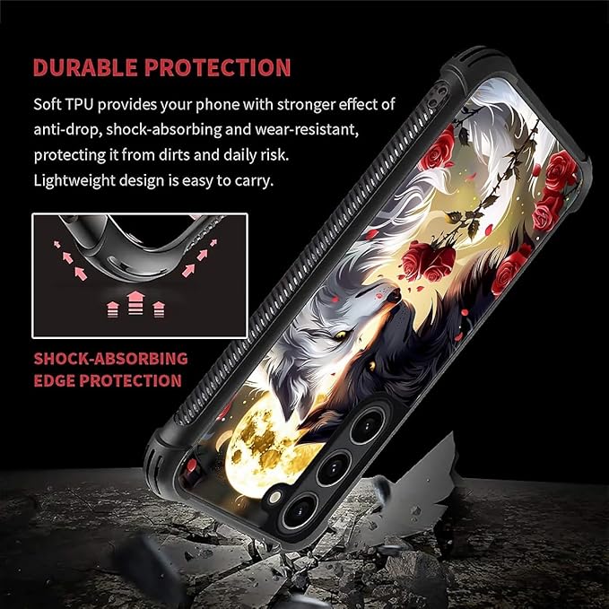 for Samsung Galaxy S23 Plus Case, Black White Wolf Moon Flower Rose Pattern Graphic Design Girl Boy Soft Silicone Hard Acrylic Shock Protection for Samsung Galaxy S23 Plus