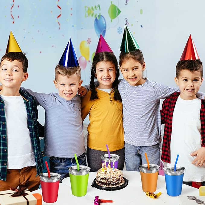 Kids Cups with Lids and Straws, 12oz Kids Tumblers with Straws and Lids Spill Proof Cups for Kid Stainless Steel Sippy Cup for School, Outdoor, 5 Pack