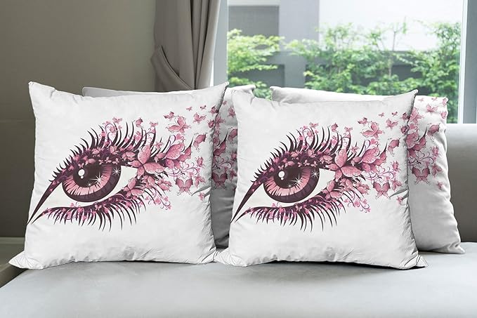 Ambesonne Butterflies Throw Pillow Cushion Case Pack of 4, Female Eye Eyelashes Mascara Stare Party Makeup Animal Print, Modern Accent Double-Sided Digital Printing, 24", Pink White