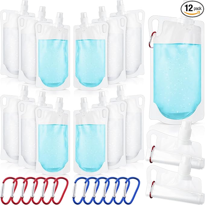 Maxdot 12 Pack 1L Collapsible Travel Water Bottles with Clip 33 oz Clear Foldable Water Pouch Container Bag for Hiking Backpacking Camping Travel Emergency