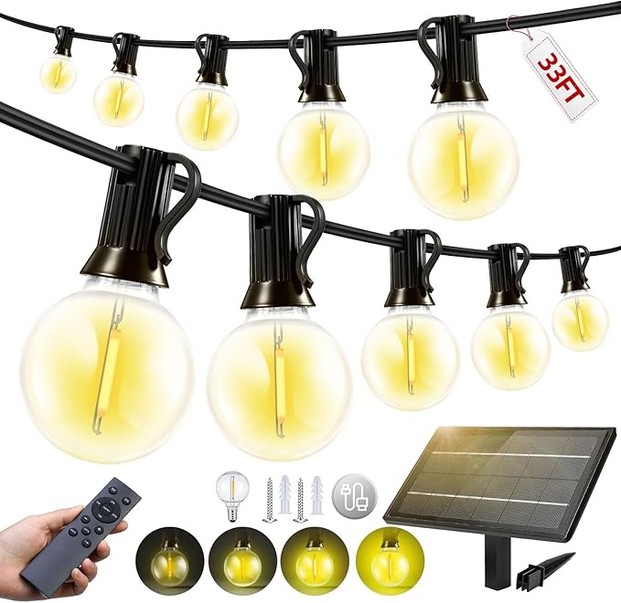 33FT Solar Lights Outdoor Waterproof: G40 10M Shatterproof Bulbs Patio Lights - Solar Powered Remote Control 3 Light Modes Dimmable Solar Light - Camping Backyard Garden Deck Outside Yard