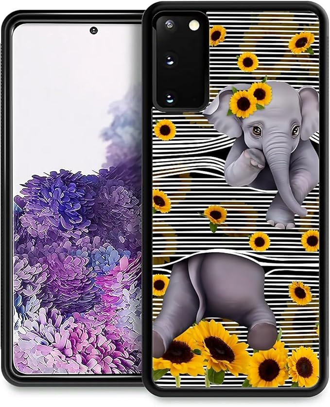 for Samsung Galaxy S20 Case, Cute Little Elephant Sunflower White Line Art Pattern Graphic Design Girl Boy Soft Silicone Hard Acrylic Shock Protection for Samsung Galaxy S20