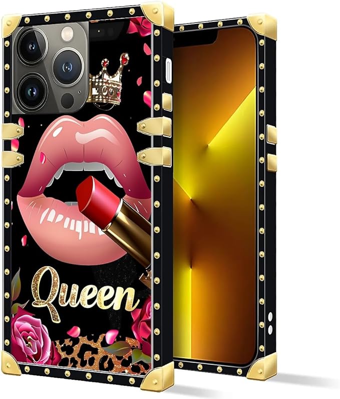 Compatible with iPhone 13 Pro Max Case, Glitter Red Rose Queen Leopard Lipstick Luxury Golden Decoration for Girl Women Soft TPU Shockproof Protective Hard PC Back