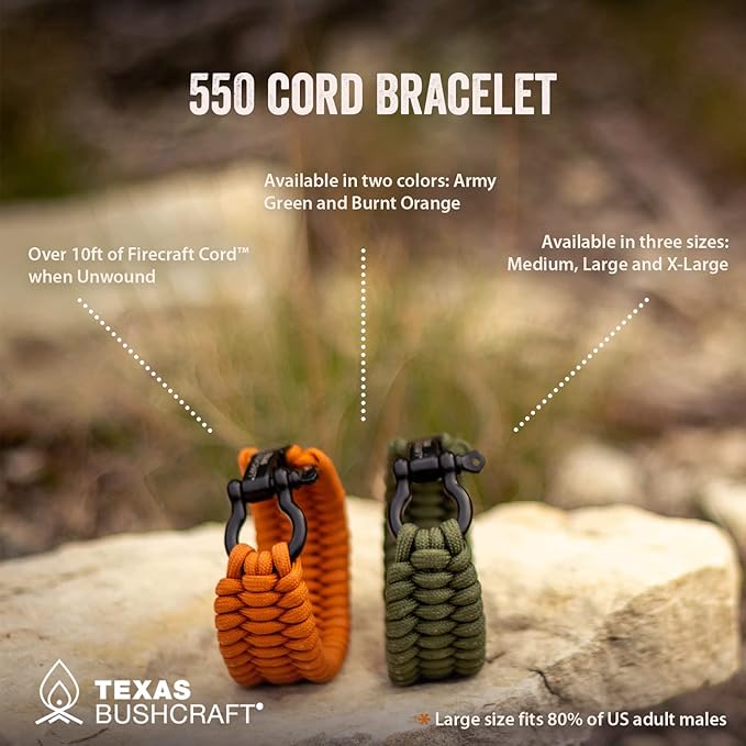 Texas Bushcraft Firecraft Cord Survival Bracelet – Paracord Bracelet with Bow Shackle for Camping and Emergency – 3 Extra Strands Include Wax Thread, Tinder, and Fishing Line