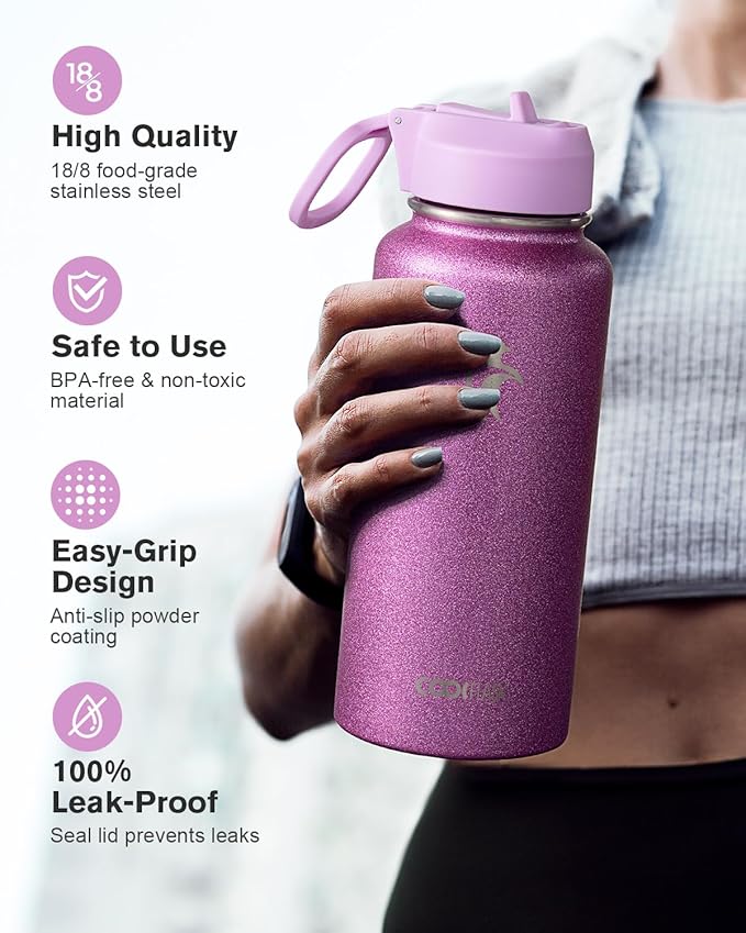 Coolflask Water Bottle 32 oz Insulated with Straw, Stainless Steel Metal 3 Lids Water Flask Wide Mouth for Sports or Office, Non-BPA Keep Cold Up to 48 Hrs or Hot Up to 24 Hrs, Glitter Pink