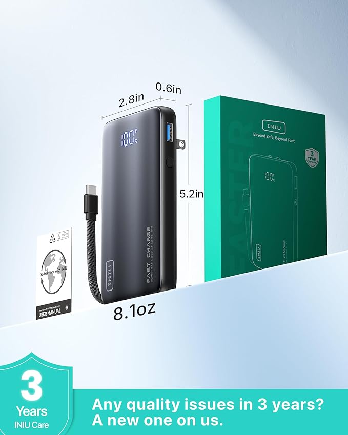 INIU 3-in-1 Portable Charger, 45W 10000mAh Fast Charging Power Bank, Built-in USB C Cable & Foldable Wall Plug, Travel Essentials, Battery Pack for iPhone 17 16 15 Series, Samsung, MacBook, Champagne