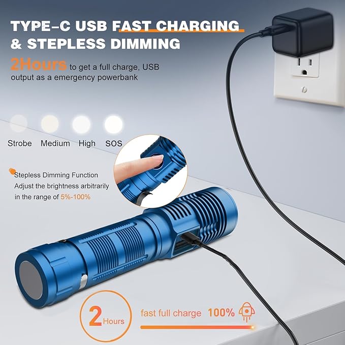 Hoxida Small Tactical Flashlights High Lumens - 1500 Meters Long Beam Super Bright LED Magnetic Flashlight USB Rechargeable Zoomable 5Modes Long Beam Spotlight Flashlight for Hiking, Camping-Blue