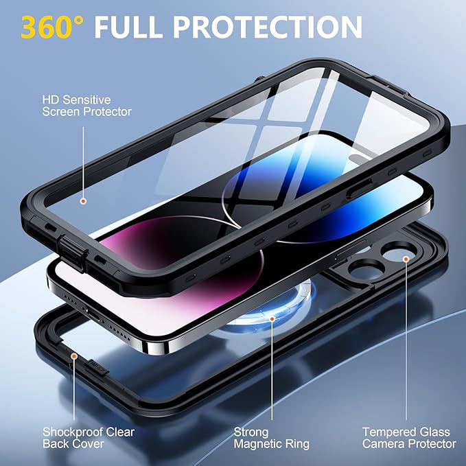 Red2Fire for iPhone 14 Pro Case Waterproof, [Built-in Screen Protector & Camera Protector][Compatible with MagSafe][Full Body Shockproof][IP68 Waterproof][Dustproof] Phone Case 6.1" Black/Clear