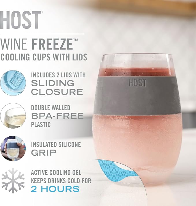 Host Freeze On the Go Stemless Wine Glasses with Lids for Red and White Wines, Double Wall Insulated Drink Chiller Tumblers for Travel, Outdoor Gifts for Women and Moms, 8.5 oz, Set of 2, Marble