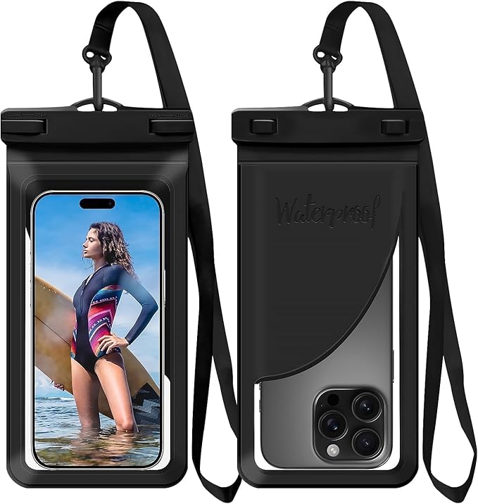 Waterproof Phone Pouch, with Interior Card Pocket, Large Waterproof Phone Case for iPhone 17 16 15 14 Pro Max, IPX8 Lightweight Cellphone Dry Bag, Beach Cruise Ship Essential,1 Pack-Black-8.3″