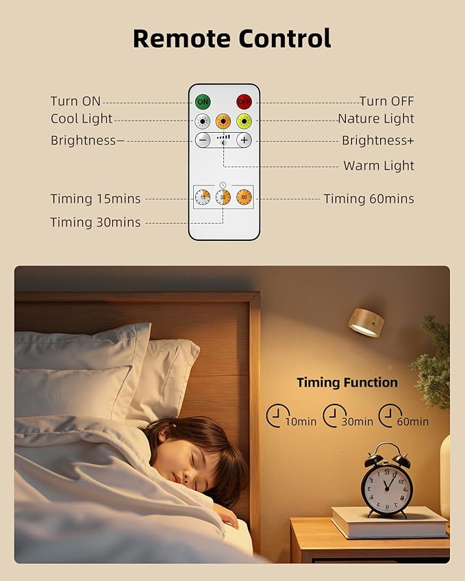 LED Wall Mounted Lights, 2 Pack Rechargeable Wall Sconce Lamps, 3 Color Temps & Remote and Touch, 360° Rotation Dimmable Cordless Wall Light for Study Bedroom Reading Bedside (Wood)