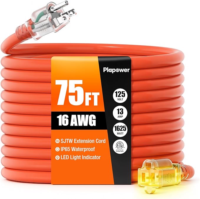 75 FT Outdoor Extension Cord Waterproof, 16/3 Gauge Heavy Duty 3 Prong Power Cord with Lighted Indicator End, 13A 125V 1625W SJTW, ETL Listed, Great for Lawn/Garden/Home(Orange)