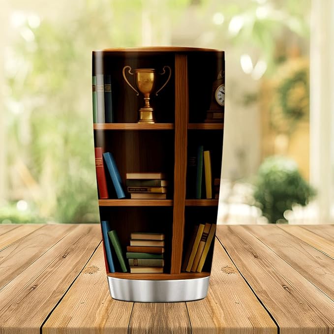 CUBICER Bookshelf Design Stainless Steel Tumbler 20 Oz For Book Lovers Teachers Librarians And Writers Gift Reading Enthusiasts Heat Coffee Iced Insulated Hot Cool Travel
