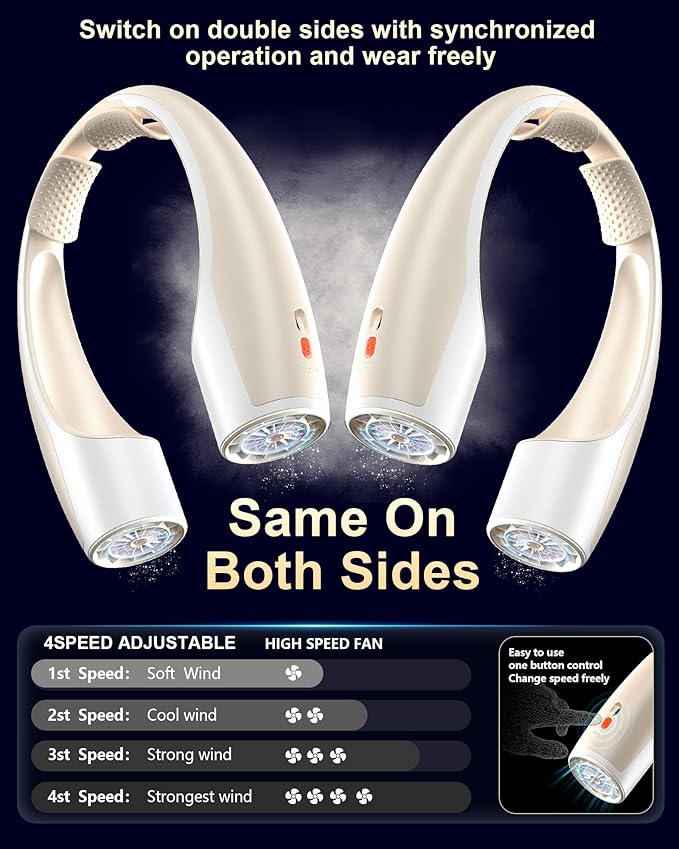 Rohent Portable Neck Fans that Blow Cold Air for Indoor: Faster Cooling Fans That Blow Cold Air Ultra Quiet - High Velocity USB Rechargeable Cordless Fan for Home, Office, Kitchen, Desk Use - Beige