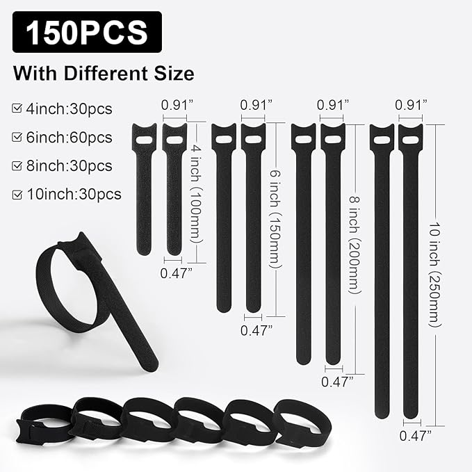 150PCS Cable Ties, 4+6+8+10 inch Cable Ties for Cable Management, Adjustable Fastening, Multi-Purpose Reusable Hook and Loop for Home, Office and Garage，Black