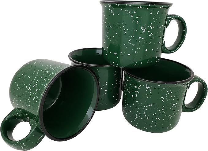 14oz Ceramic Campfire Coffee Mug (Set of 4), Green with Speckled Finish - Durable Thick Walled Camping Style Cup for Outdoors or Home