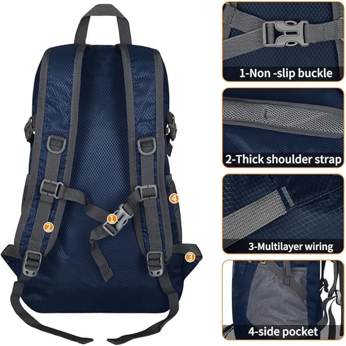 30L Large capacity Lightweight Packable Foldable Backpack，women and men Hiking backpack，Outdoors Travel Backpack (Navy Blue)