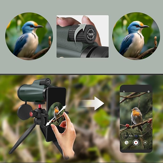 12x50 Monocular Telescope with Smartphone Adapter and Tripod, High-Power Portable Handheld Monoculars for Bird Watching Camping Hiking Concerts