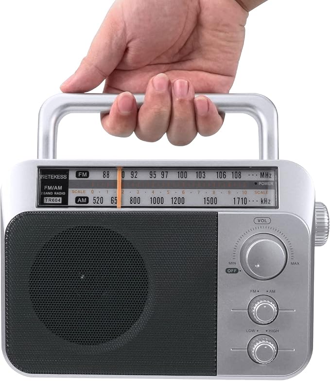Retekess TR604 AM FM Radio Portable Transistor Analog Radio with 3.5mm Earphone Jack Battery Operated Boombox by 3 D Cell Batteries or AC Power (Silver, AM FM)