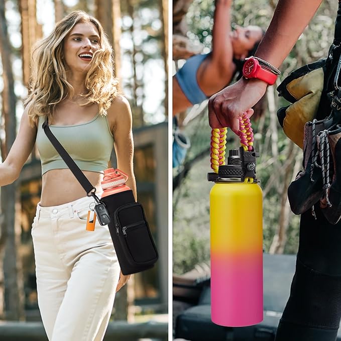 40 oz Water Bottles Insulated - Wide Mouth Stainless Steel Water Bottle with Straw, Spout Lid, Paracord Handle, Carrier Bag, Protective Boot, Metal Water Jug Keep Cold 48H Hot 24H, Hydro Mug Flask