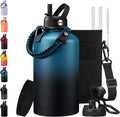 BENZZO 64/128 oz Water Bottles with Straw Auto Spout lid Keep Cold 48h,half gallon Water Jug Insulated with Carrier,Paracord Handle & Boot