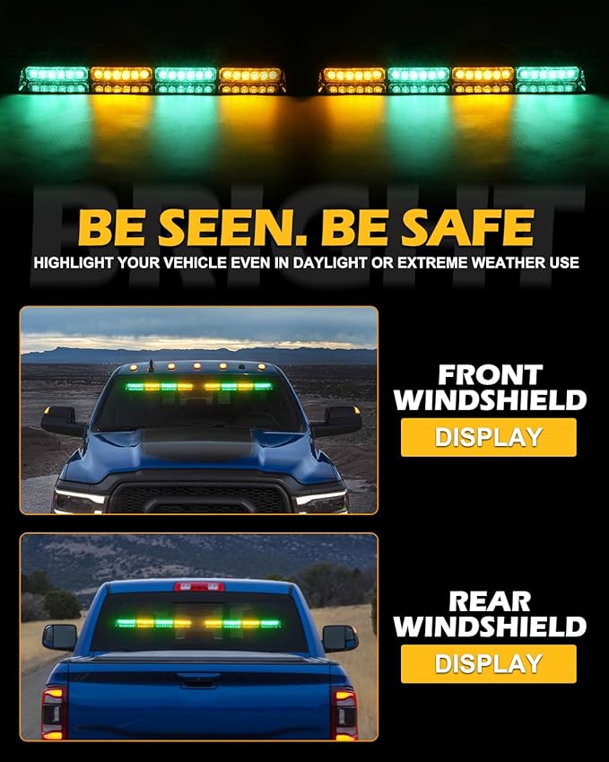 HLauto 604N Emergency Dash Strobe Lights: 2x16.8 inch Green Amber Security Light w/Take Down, 48 LED Safety Flashing Warning Hazard Interior Windshield Light Bar for Trucks Vehicles