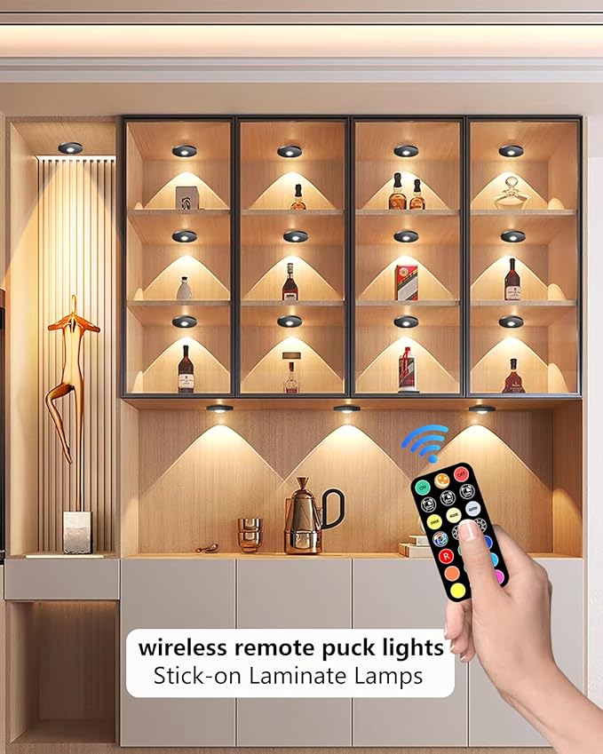 Puck Lights with Remote Control, 2000mAh Rechargeable Cabinet Light, Under Counter Tap Light Wireless, Display Cabinet, Shelf, Closet，Dimmable，Magnetic，Push Lights Battery Operated， (Black, 3 Pcs)