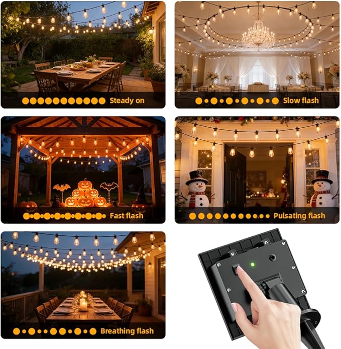 50FT Solar String Lights Outdoor Waterproof IP65 with USB-Charging , Solar Powered LED Patio Lights with 25+2 Shatterproof ST38 Edison Bulbs, Hanging Lights for Outside Backyard Garden Bistro Gazebo