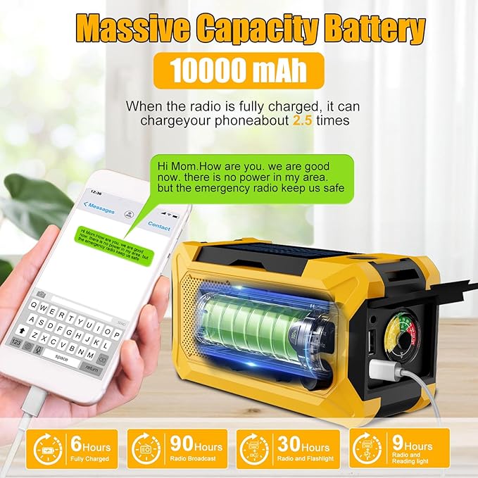 Emergency Hand Crank Radio with LED Flashlight, AM/FM NOAA Portable Weather Alert Radio, Solar Powered Radio with Phone Charger, USB Charged, Headphone Jack, SOS Alarm, Compass for Outdoors Yellow
