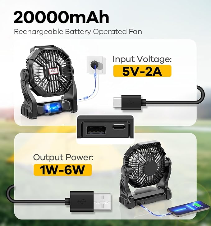 DOWILLDO 20000mAh Portable Battery Powered Camping Fan - with LED Light, Quiet Battery Operated, Camping Gear for Travel, Tent, Beach, Car or Hurricane Power Outages, Black