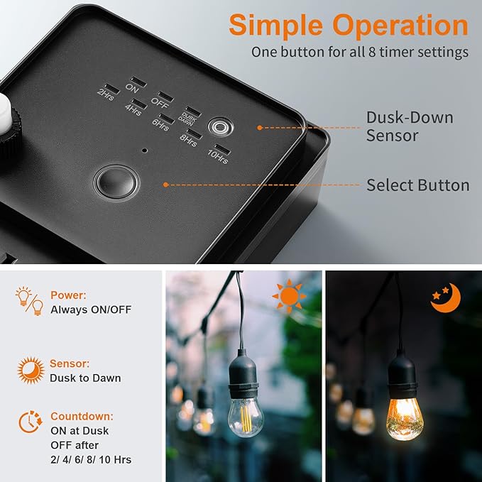 SURAIELEC Outdoor Power Stake Light Timer, Dusk to Dawn, 6 Electrical Outlet Power Strip Weatherproof, 6FT Extension Cord Multiple Outlet for Patio Lights, Sprinkler, Garden, Christmas Decorations