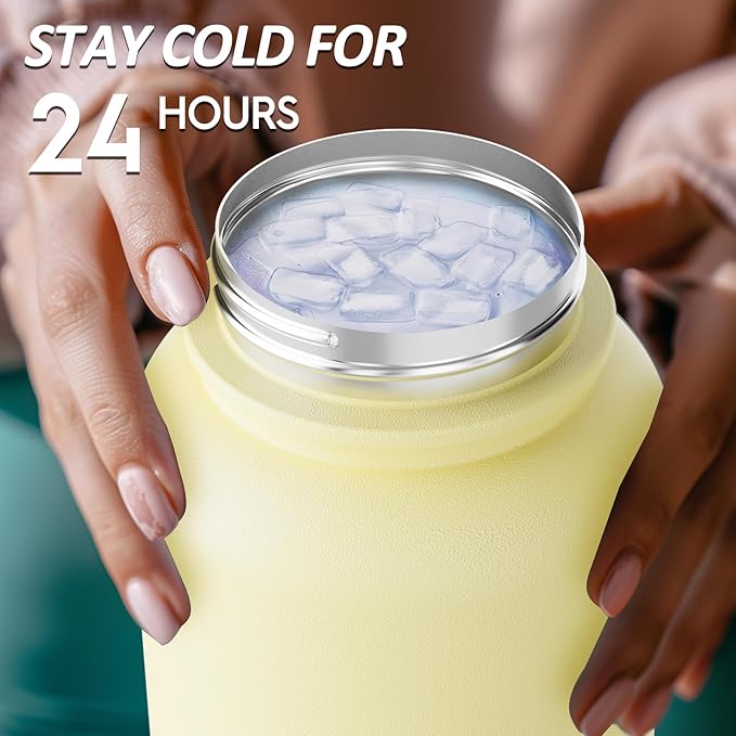 Navigate 32 oz Insulated Stainless Steel Sports Water Bottle with Spout & Handle Lids,Wide Mouth Water Jug with Double Walled Leak Proof Keep Cold for 24 Hrs Hot for 12 Hrs,Faint Yellow