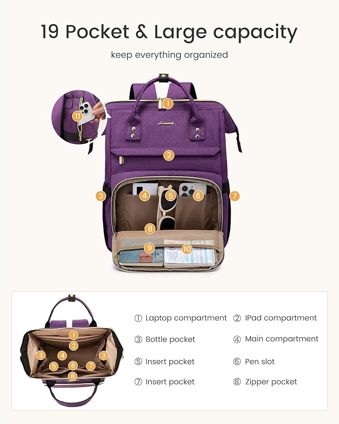 LOVEVOOK Laptop Backpack for Women with Giant Tumbler Holder Pocket,15.6 inch Waterproof Travel Backpack Purse Computer Laptop Bag,Professional Work College Nurse Teacher Backpack Daypack,Light Purple