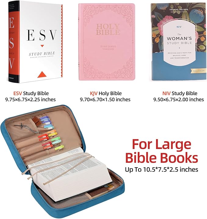 FINDCOZY Bible Cover for Women, Durable Carrying Book Case Church Bag for Biblical Accessories with Handle and Zippered Pocket,Lake-Blue