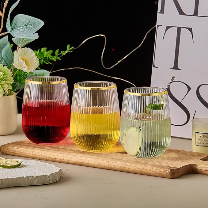 Lueumxc 36 Pack Plastic Wine Glasses, 15Oz Gold Rim Origami Disposable Wine Glasses Unbreakable Clear Plastic Cocktail Glasses Recyclable Shatterproof Reusable Wine Cups